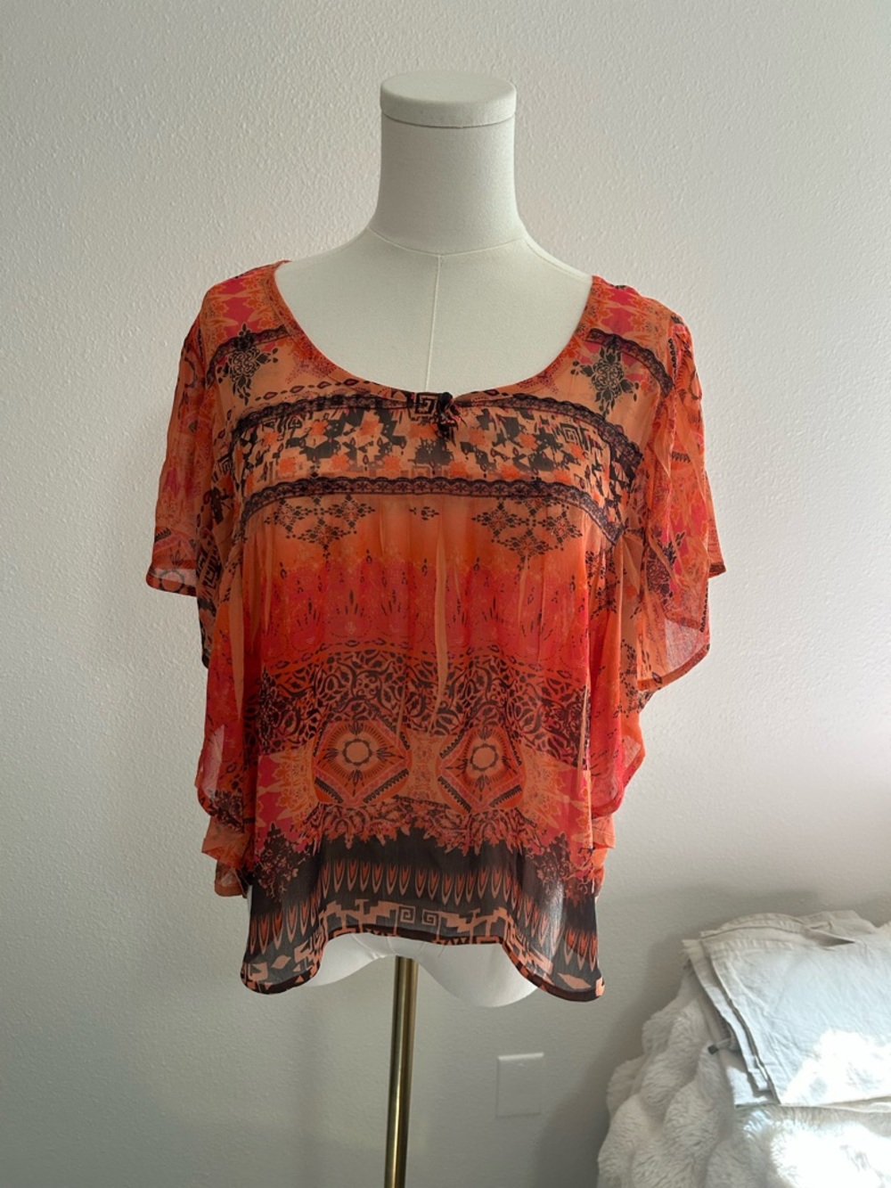 ONE WORLD Orange Printed Sheer Boho Top